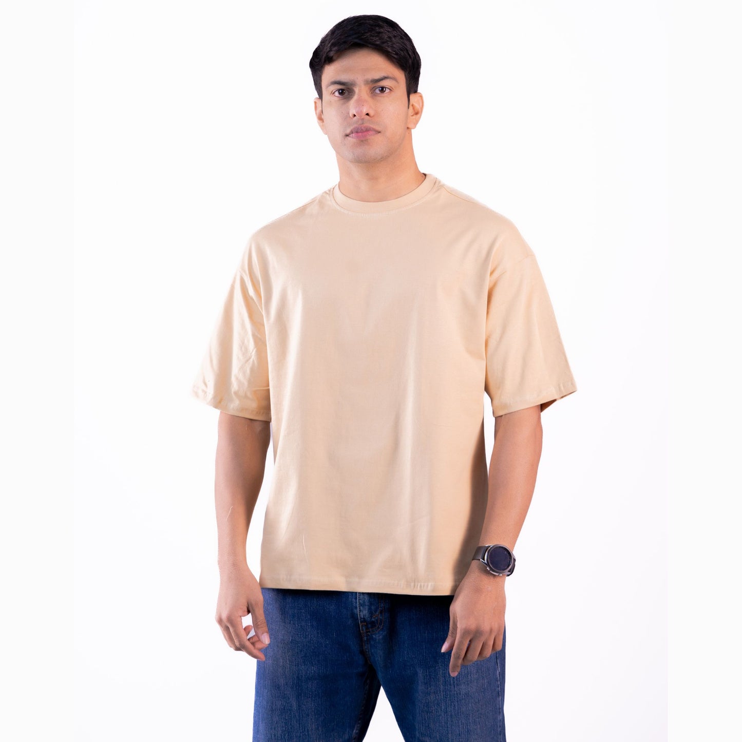 Beige sandstone oversized t-shirt front view – unisex casual tee for everyday comfort.