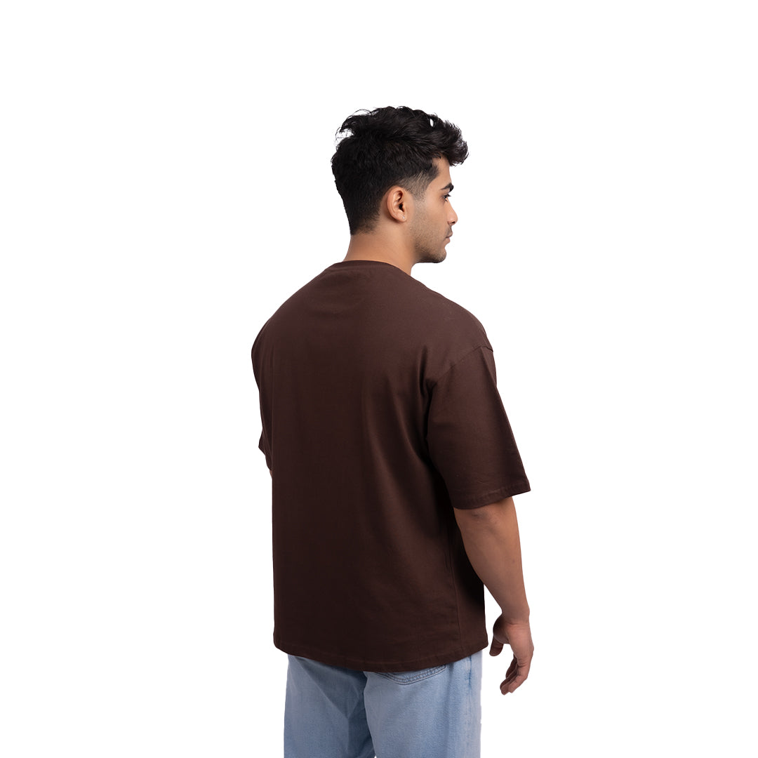 Coffee shade oversized t-shirt angled view – stylish oversized tee with an earthy brown hue, perfect for layering and casual wear.
