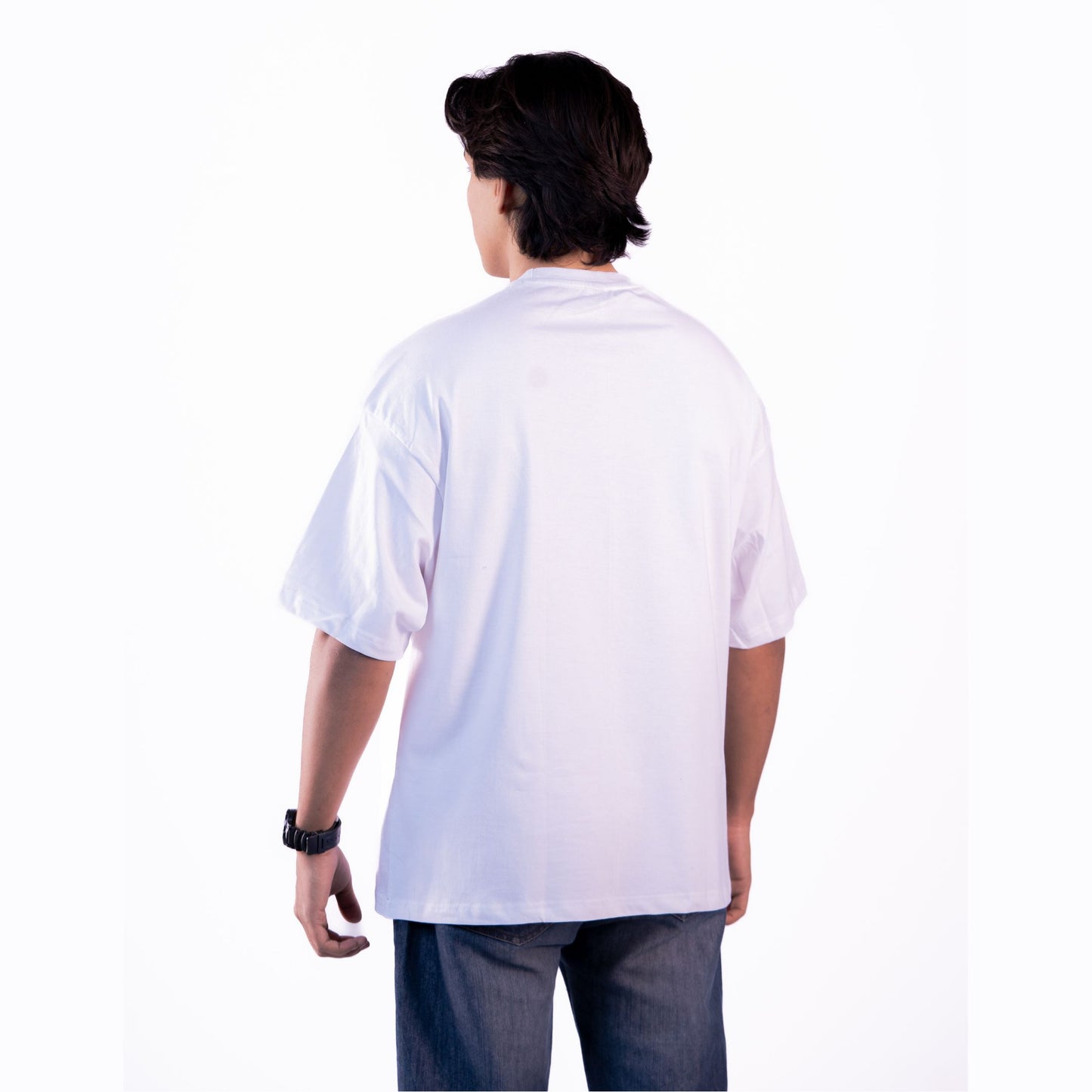 Ivory oversized t-shirt angled view – modern, relaxed fit with a unique perspective.