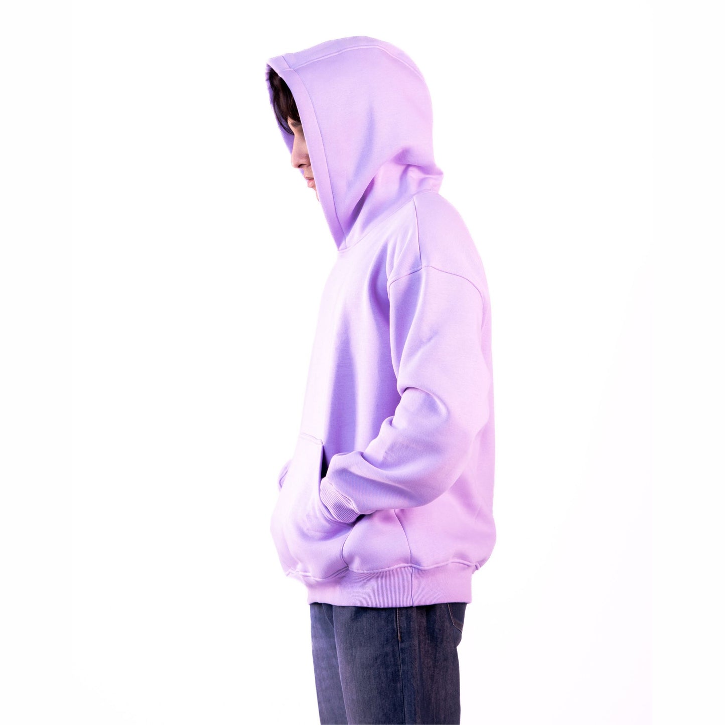 Lavender hoodie side view – trendy oversized fit, perfect for casual and cozy wear.