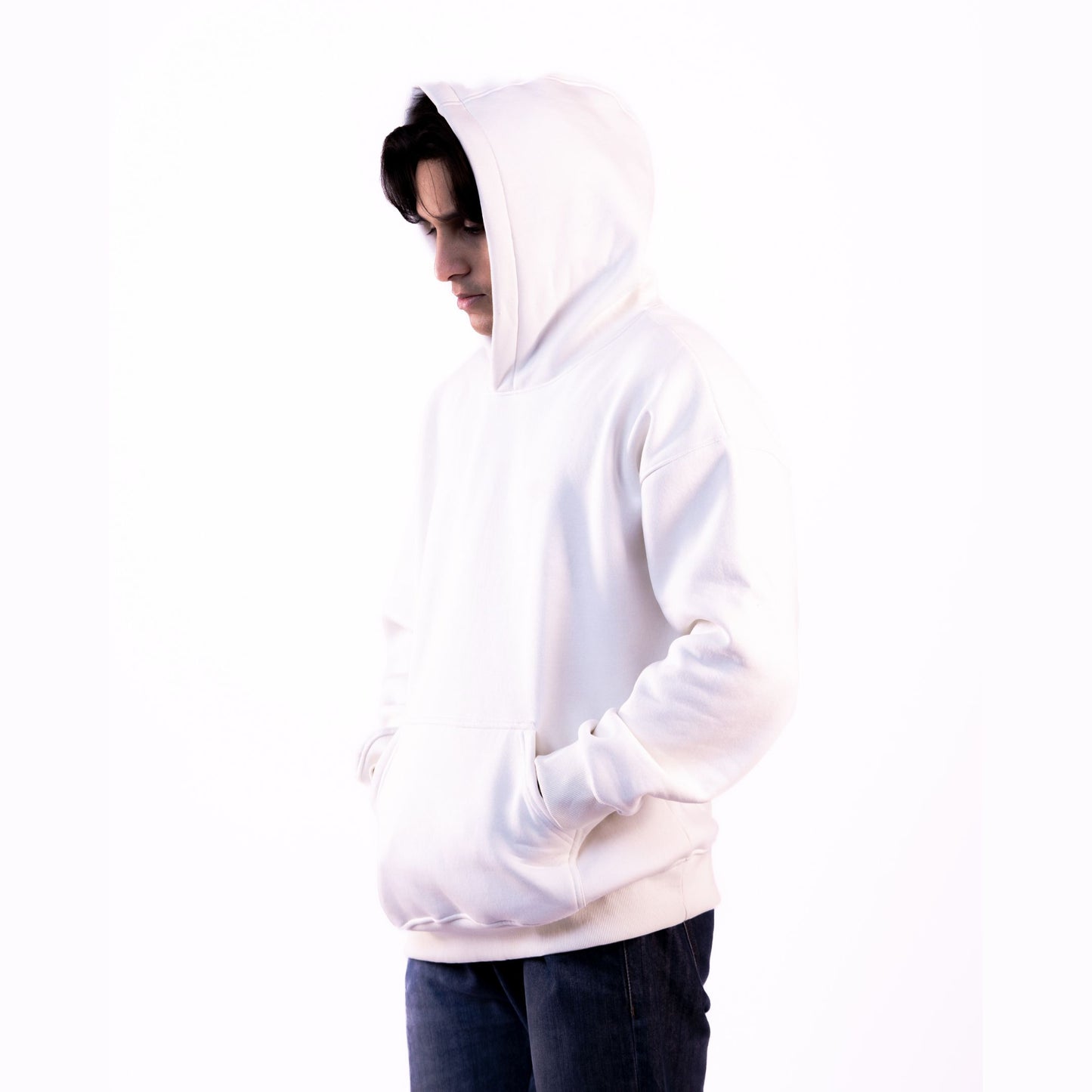 Off-white hoodie side view – modern oversized fit, perfect for men and women.