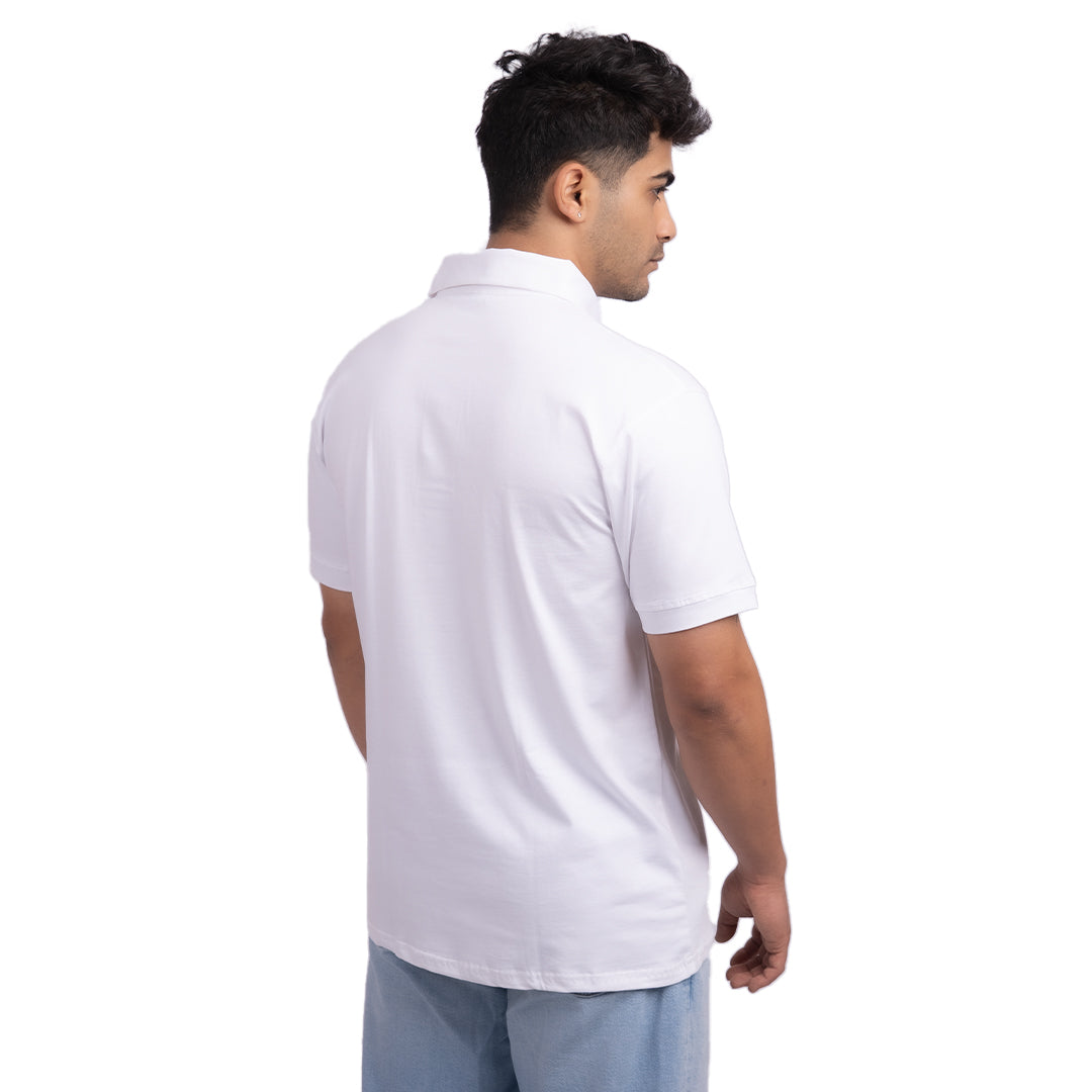 White polo t-shirt by Bravosh angled view – comfortable men’s polo with a versatile design suitable for various occasions.