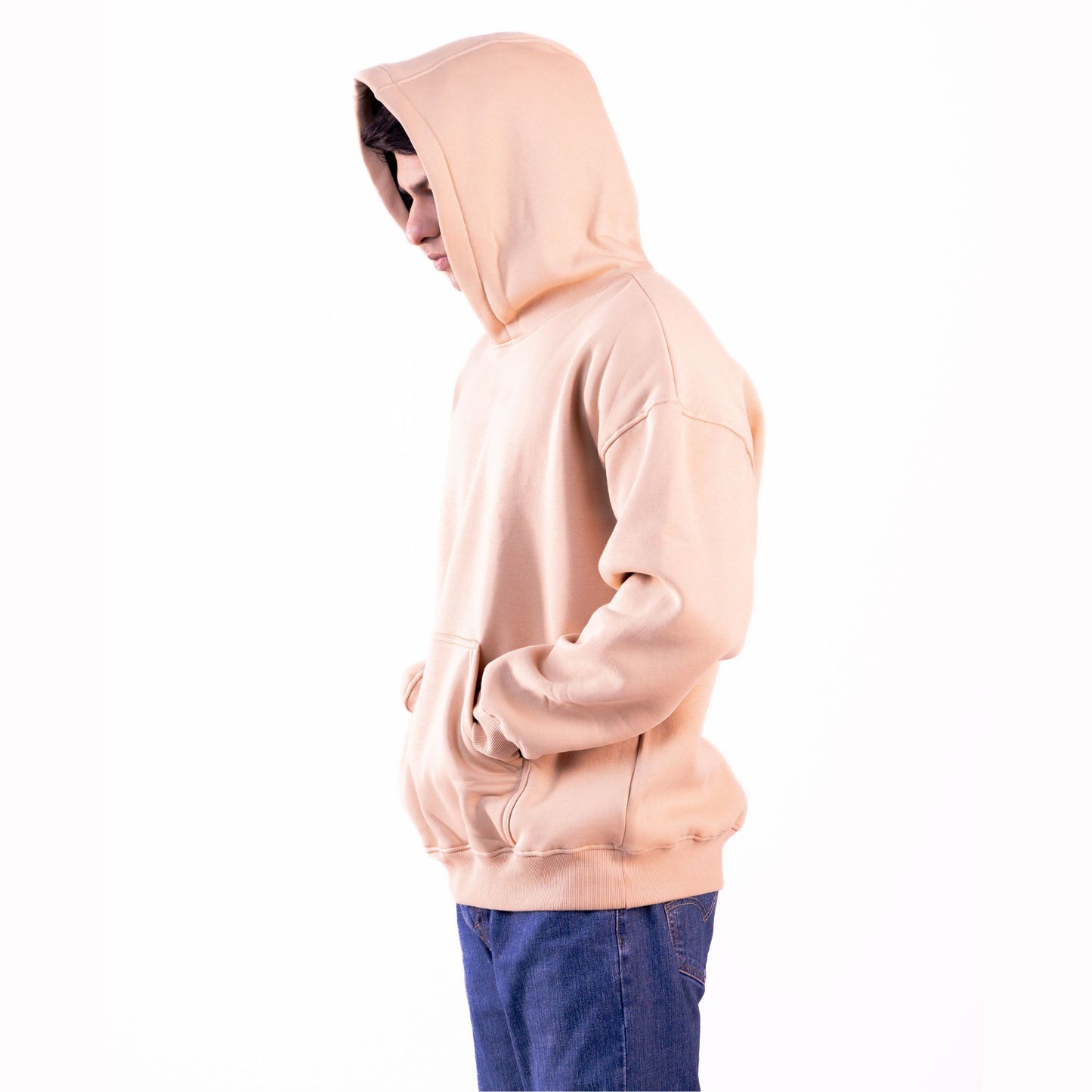 Sandstone beige hoodie side view – stylish and comfortable, perfect for men and women.