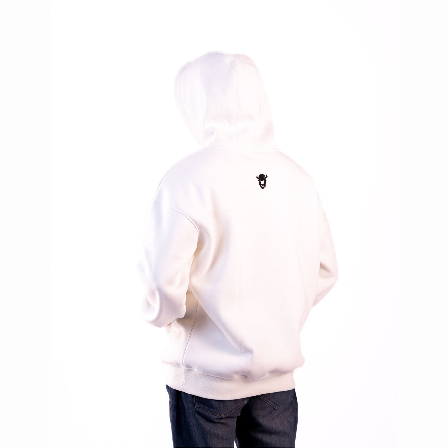 Unisex off-white hoodie angled view – cozy, soft fabric ideal for everyday wear.
