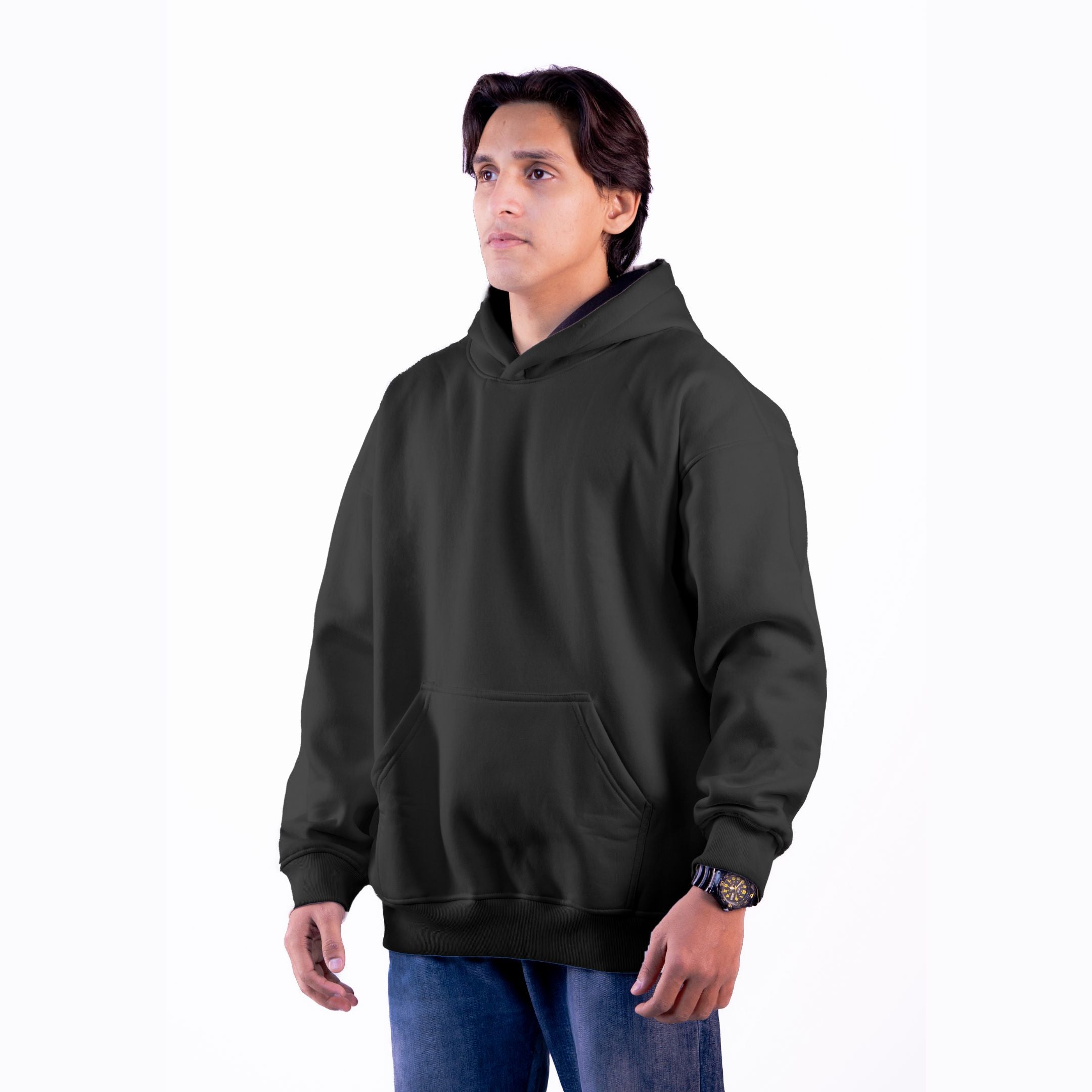  Black midnight hoodie front view – unisex relaxed-fit hoodie with a sleek, timeless design.