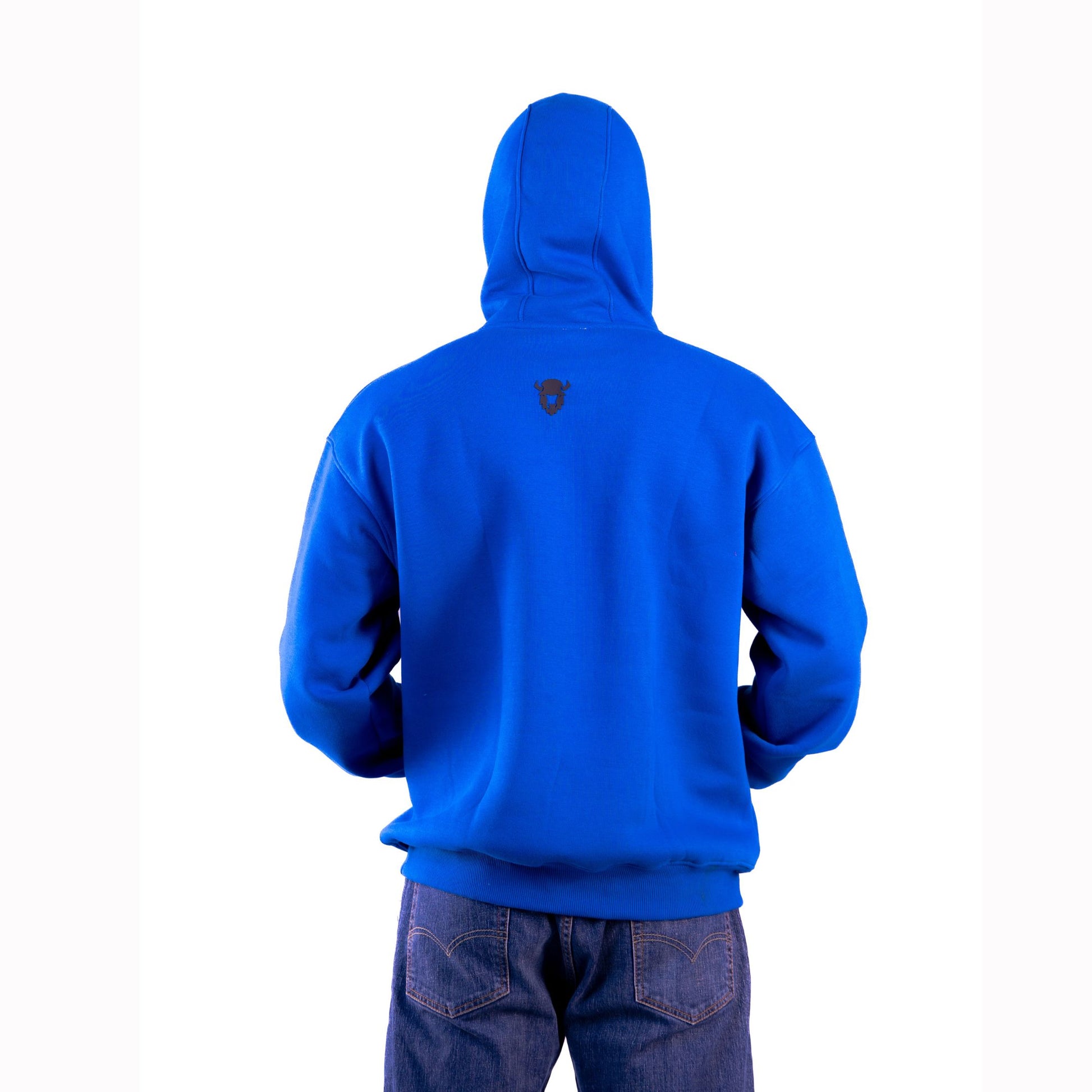 Blue oversized hoodie back view – clean design with a modern, relaxed silhouette.