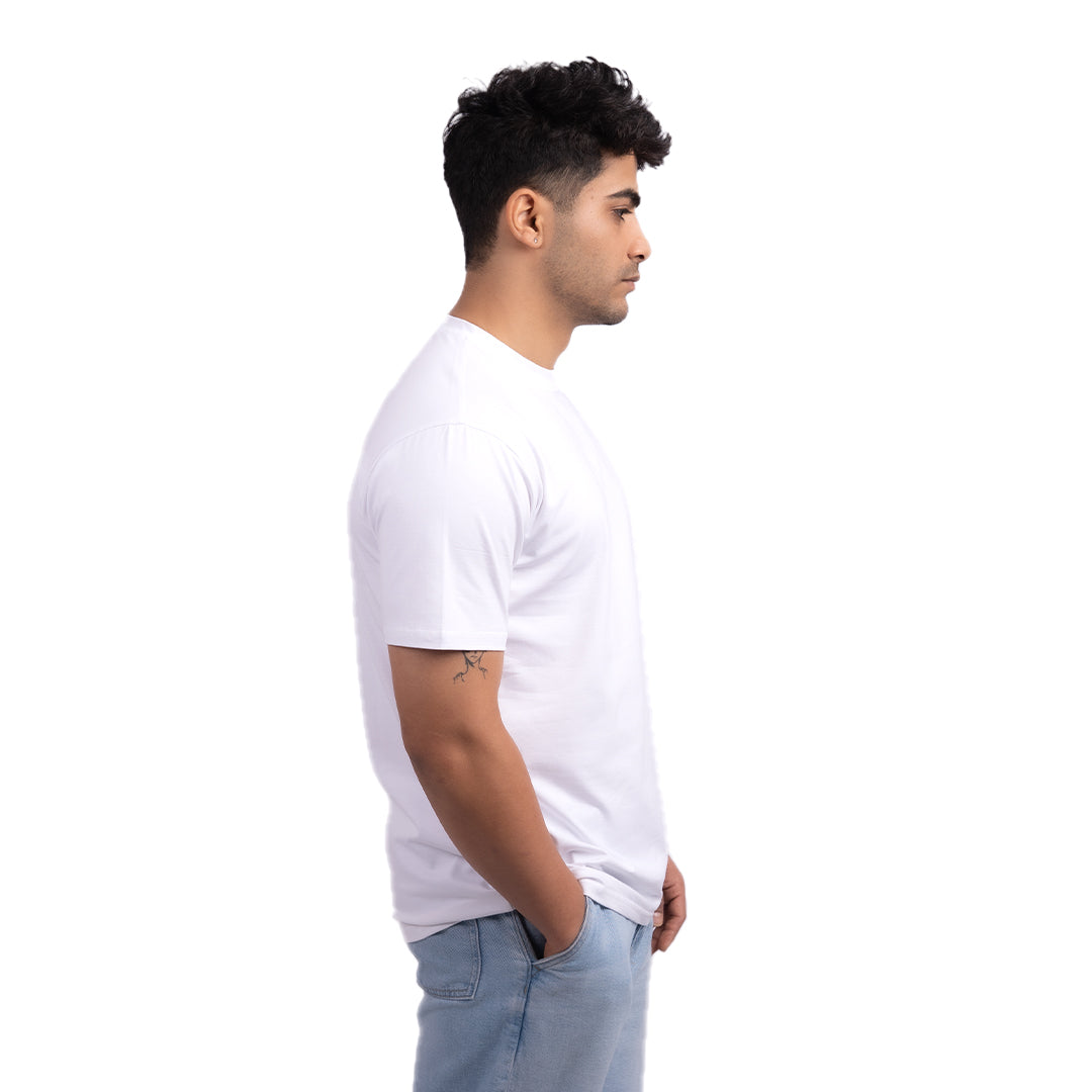 White cotton t-shirt side view – versatile regular-fit tee featuring durable stitching and a clean silhouette.