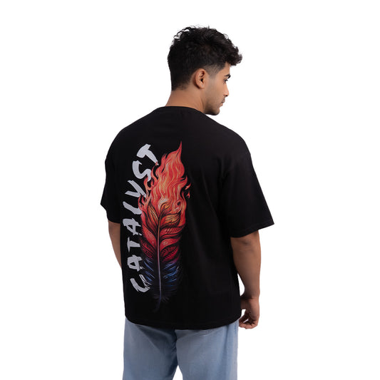 Catalyst graphic oversized t-shirt angled view – modern, loose-fit t-shirt for those who challenge the norm and push boundaries.