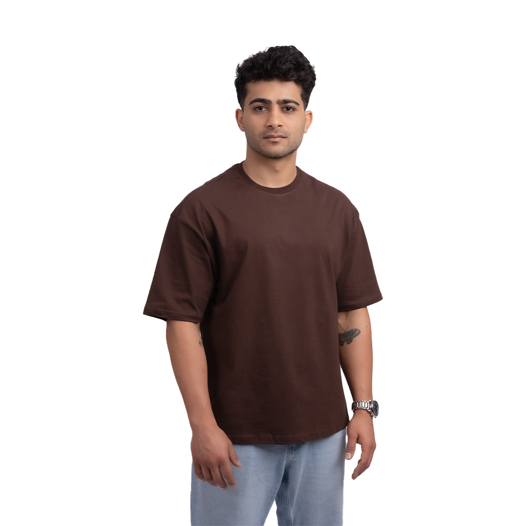Coffee shade oversized t-shirt front view – warm-toned oversized tee with a relaxed fit, perfect for everyday comfort and style.