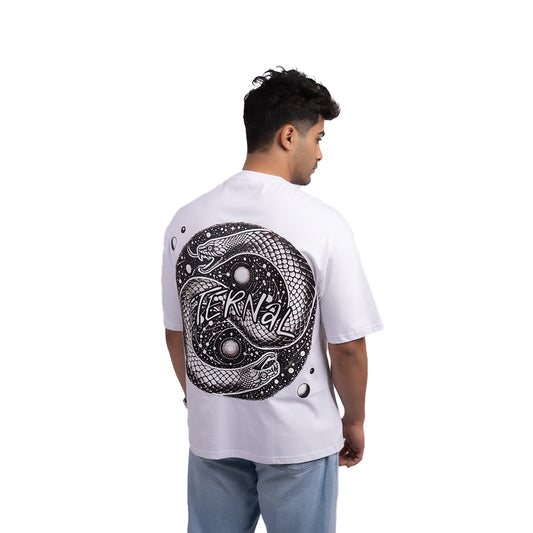 Eternal oversized t-shirt angled view – modern oversized tee with a clean design, ideal for effortless styling and layering.