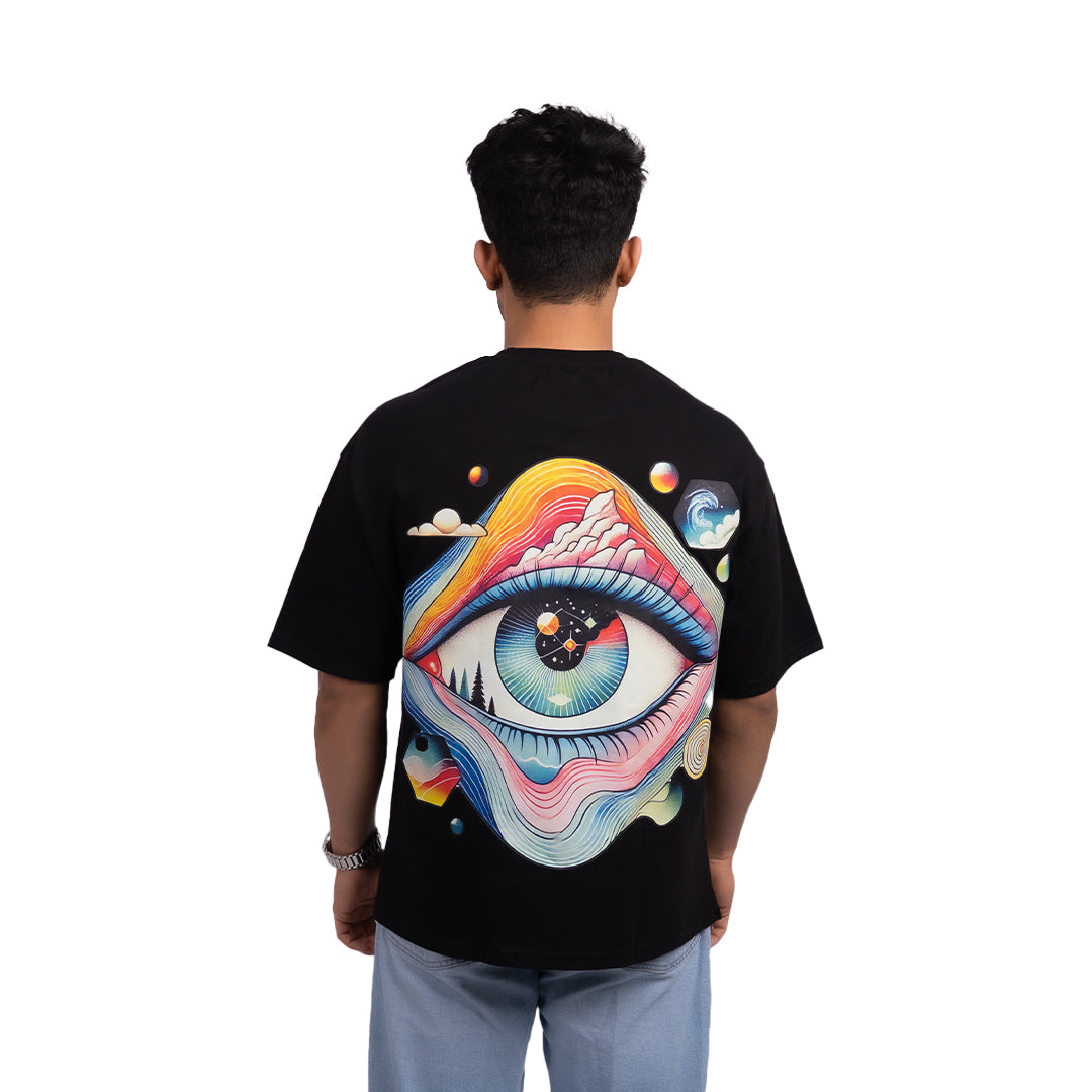 Oversized Eye of Reality t-shirt back view – statement oversized tee featuring an intricate eye graphic symbolizing perception and awareness.