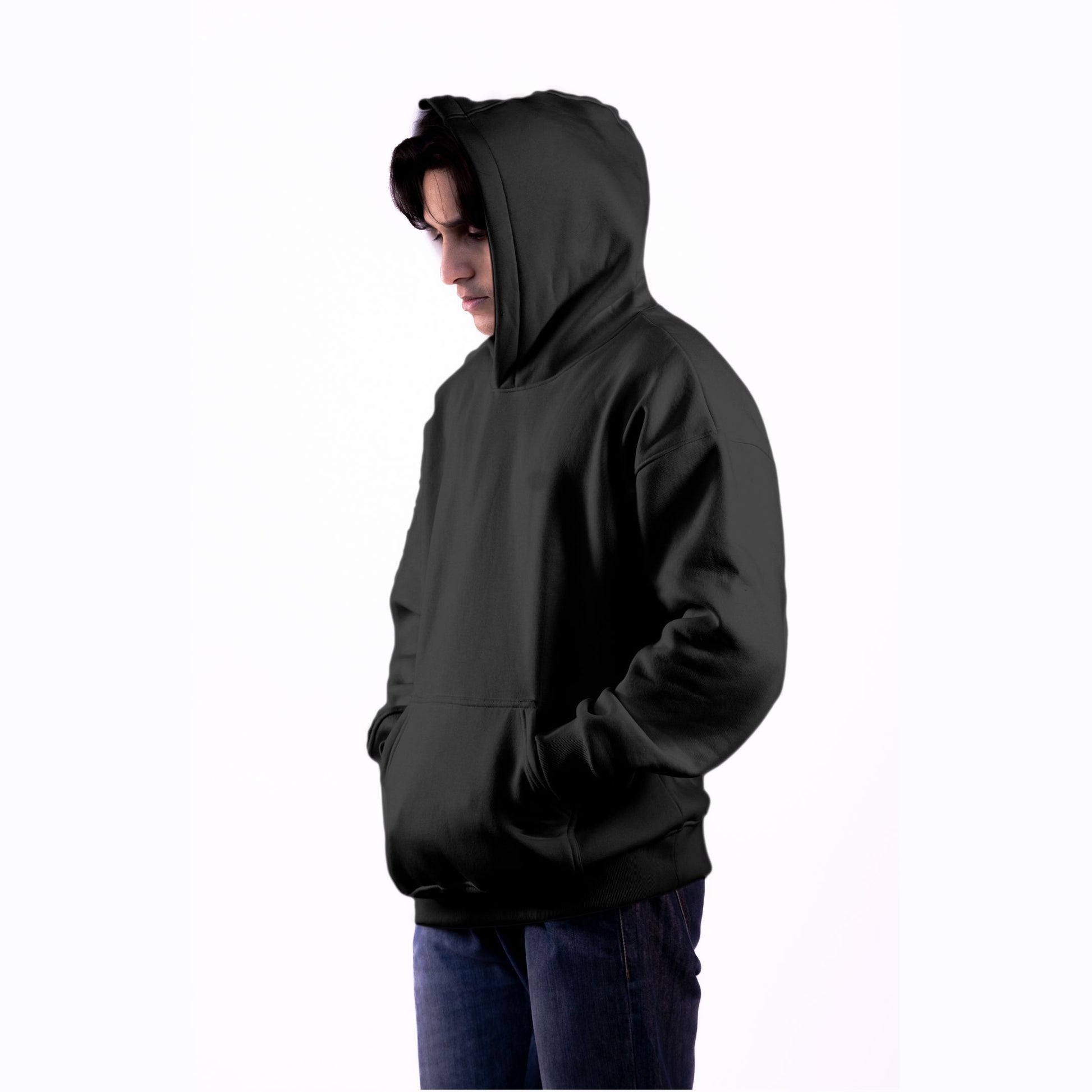 Midnight black hoodie side view – stylish and versatile, perfect for casual and everyday wear.