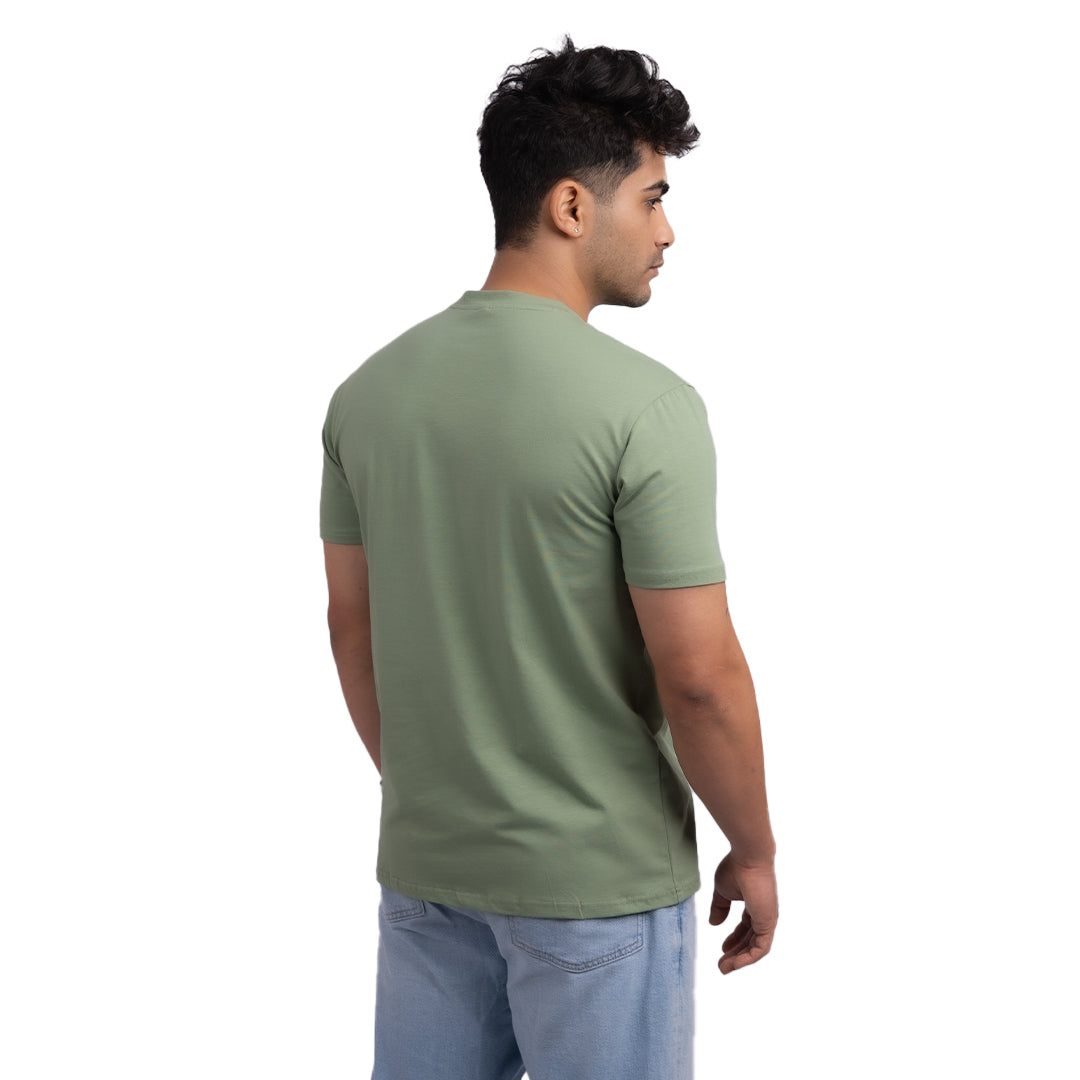 Regular-fit teal t-shirt angled view – modern cut, perfect for casual wear and layering options.