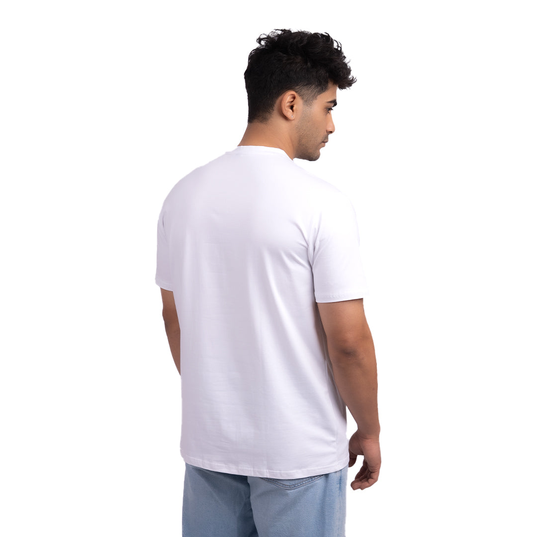 Regular-fit white t-shirt angled view – modern cut, perfect for casual wear and layering.