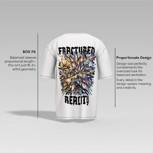 Oversized Fractured Reality t-shirt back view – artistic design symbolizing breaking boundaries and new perspectives.


