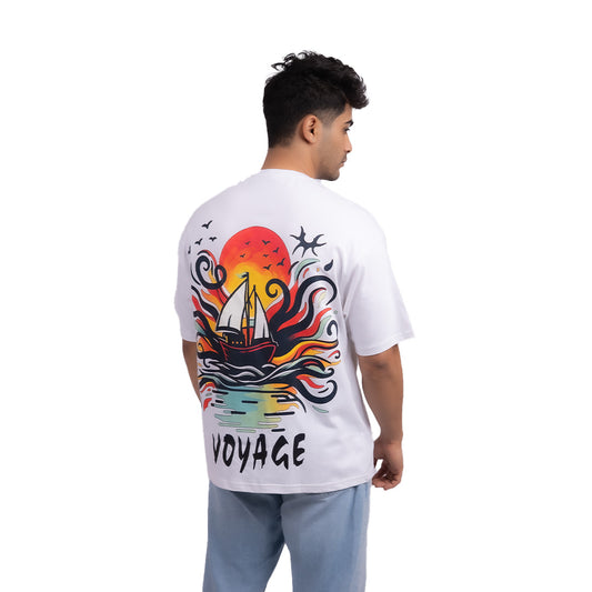 Unisex oversized Voyage t-shirt side view – premium cotton tee with a loose fit, designed for effortless movement.