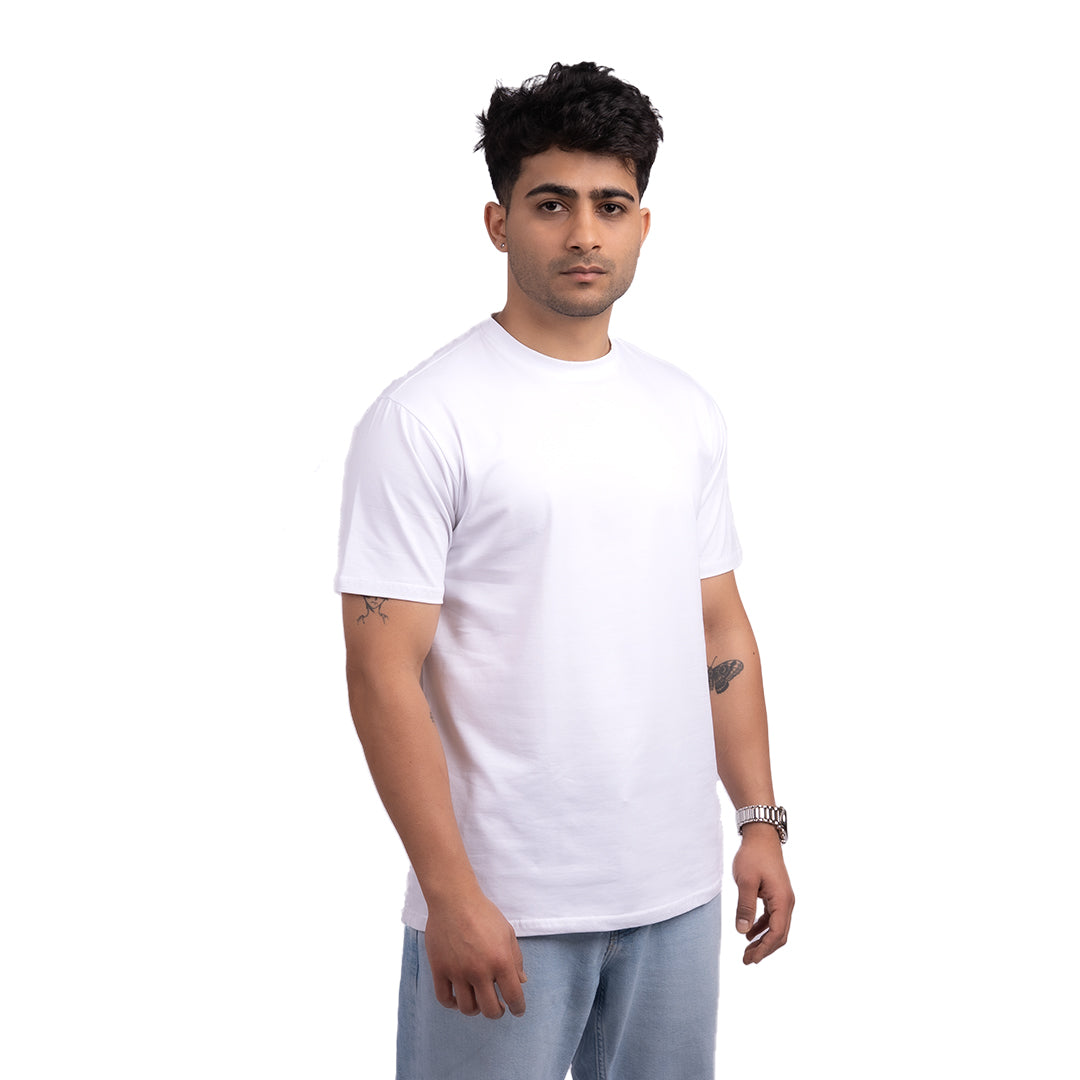 White regular-fit cotton t-shirt front view – classic everyday tee with a comfortable, breathable design.